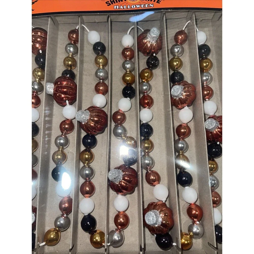 RADKO Shiny Brite GLASS GARLAND 7ft Pumpkin Halloween Black Orange Gold White
